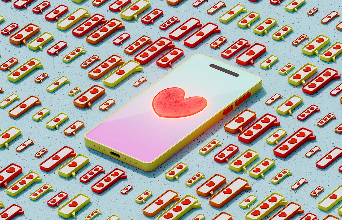 A mobile phone has a heart symbol on the screen and is surrounded by notification bubbles with heart icons inside each bubble.
