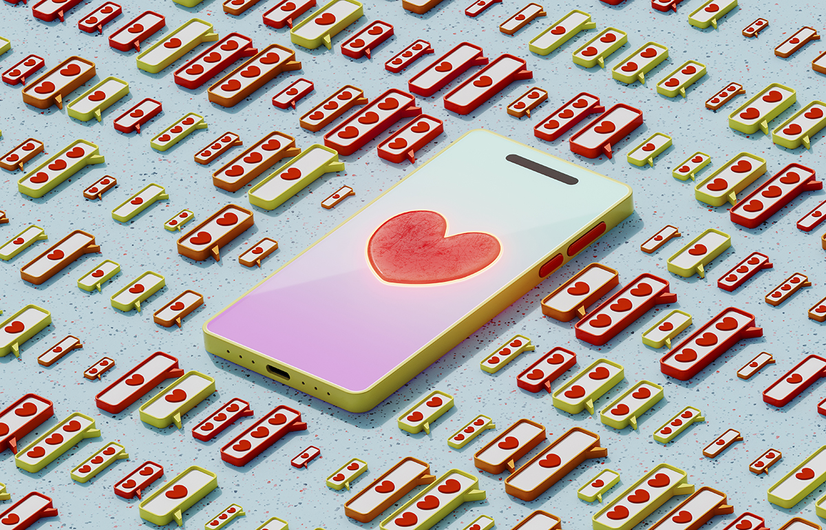 A mobile phone has a heart symbol on the screen and is surrounded by notification bubbles with heart icons inside each bubble.