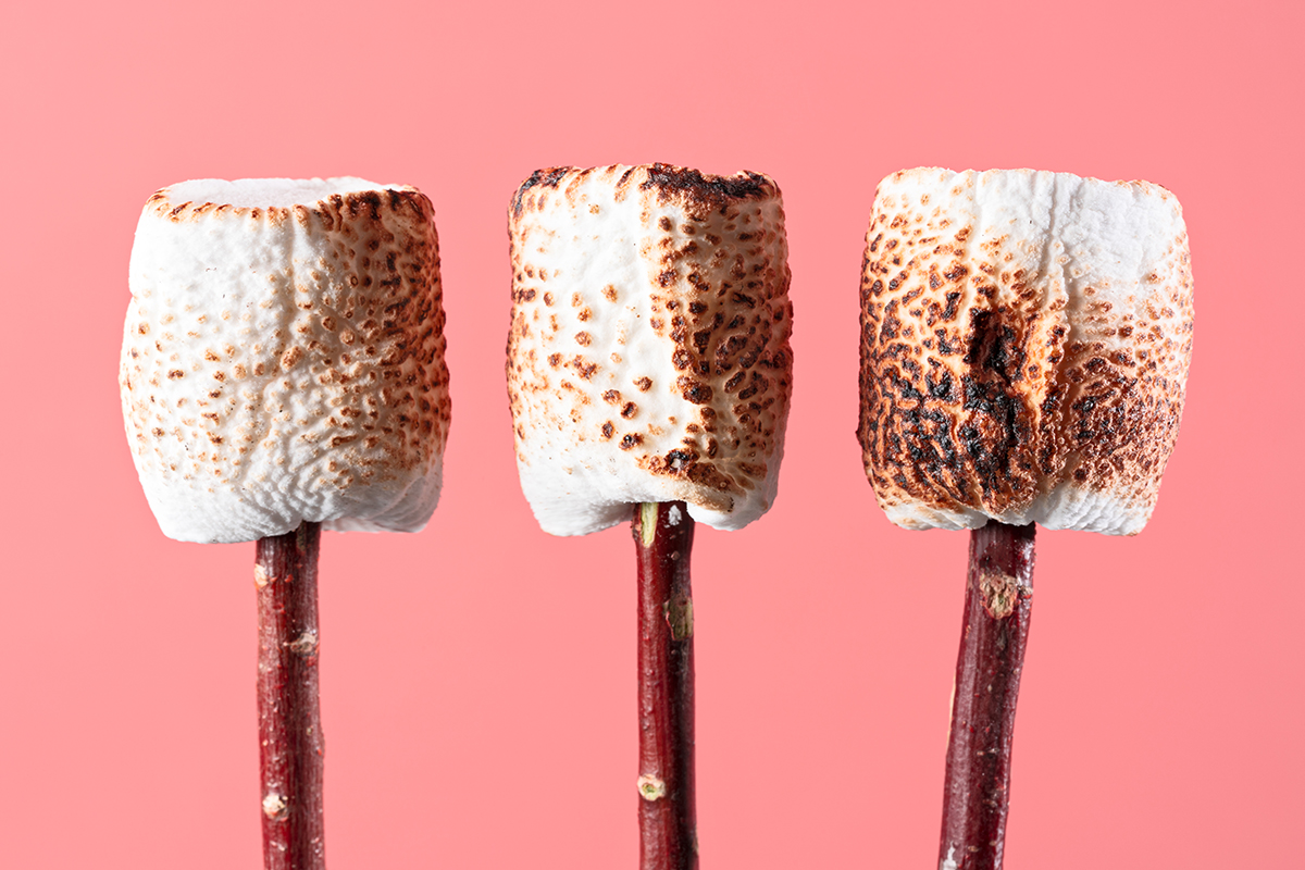 Three toasted marshmallows on twigs are set against a pink background