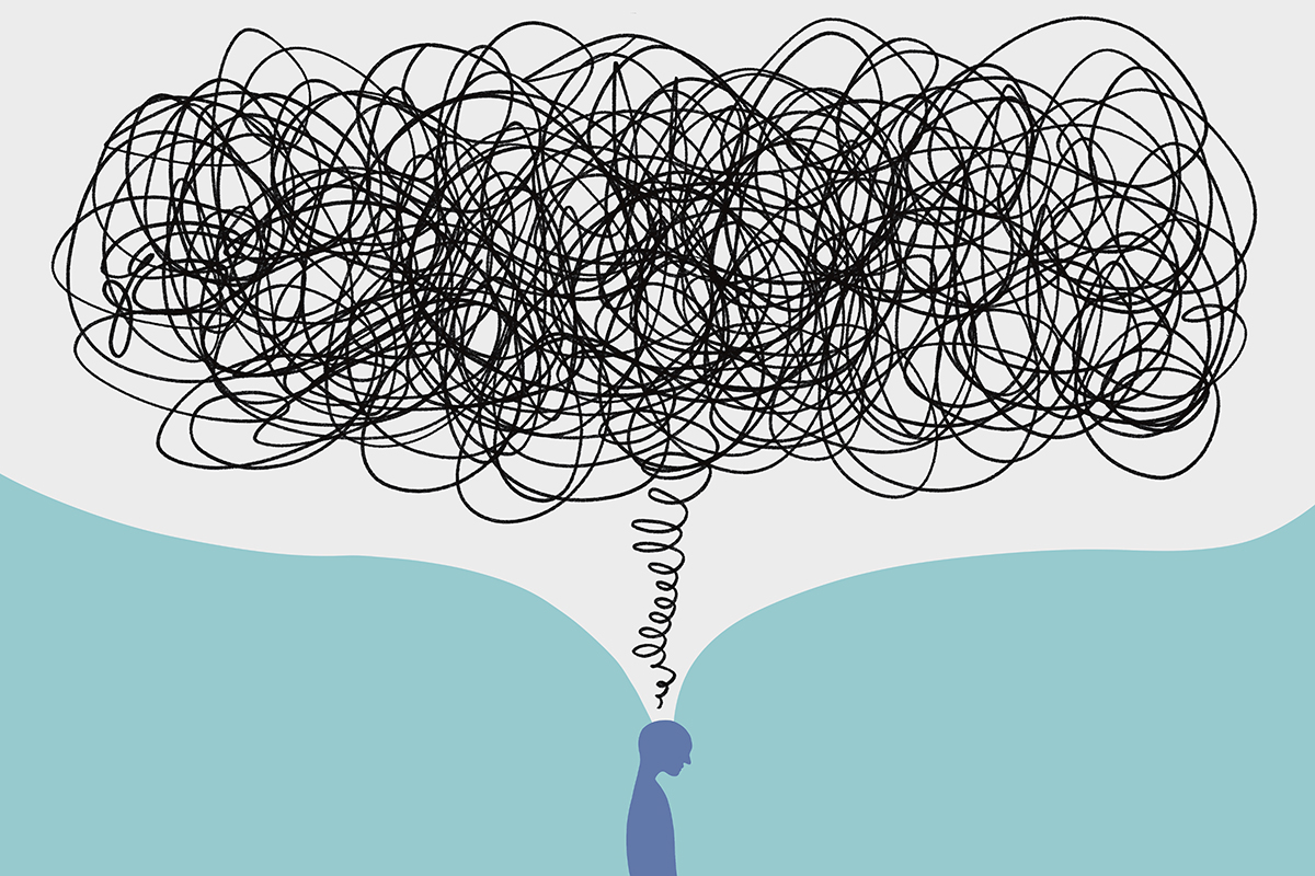 An illustration of a person with a mass of tangled scribbles above their head, representing negative thoughts