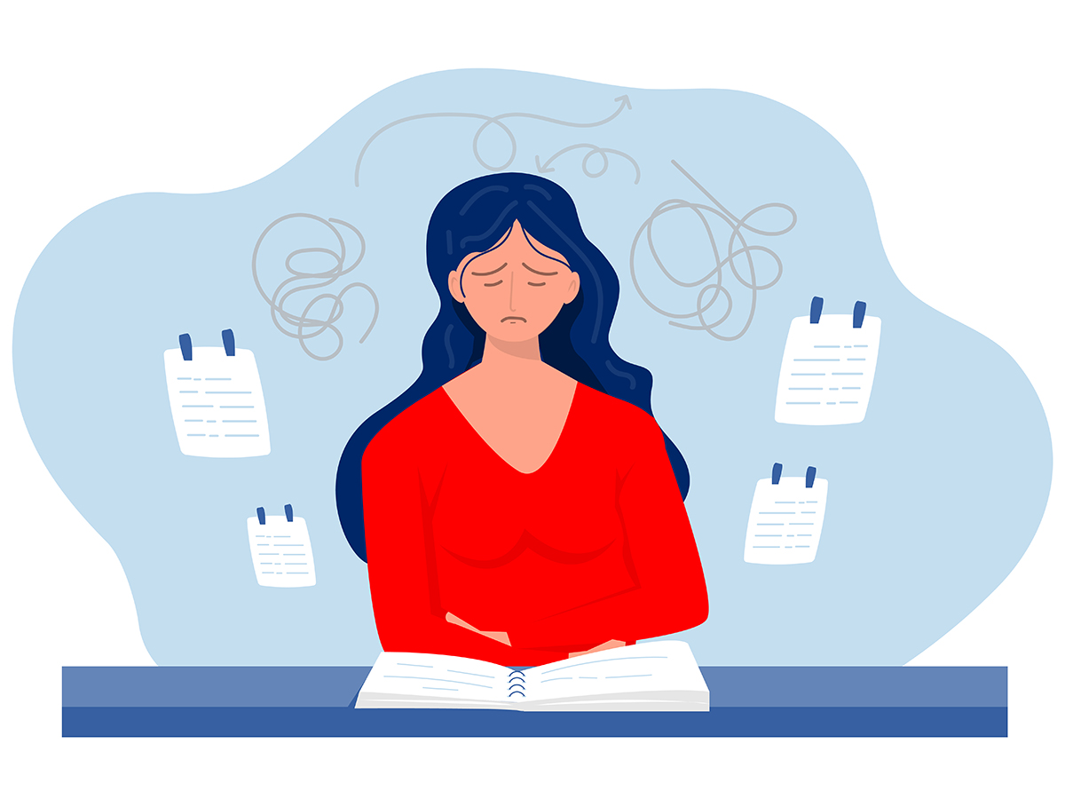  An illustration of a stressed woman sitting at a desk, surrounded by to-do lists and tangled scribbles to represent jumbled thoughts