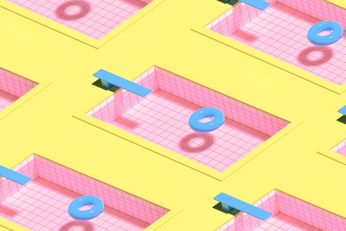 A digital illustration of pink swimming pools in a repeating pattern, each with a blue diving board and a blue rubber ring