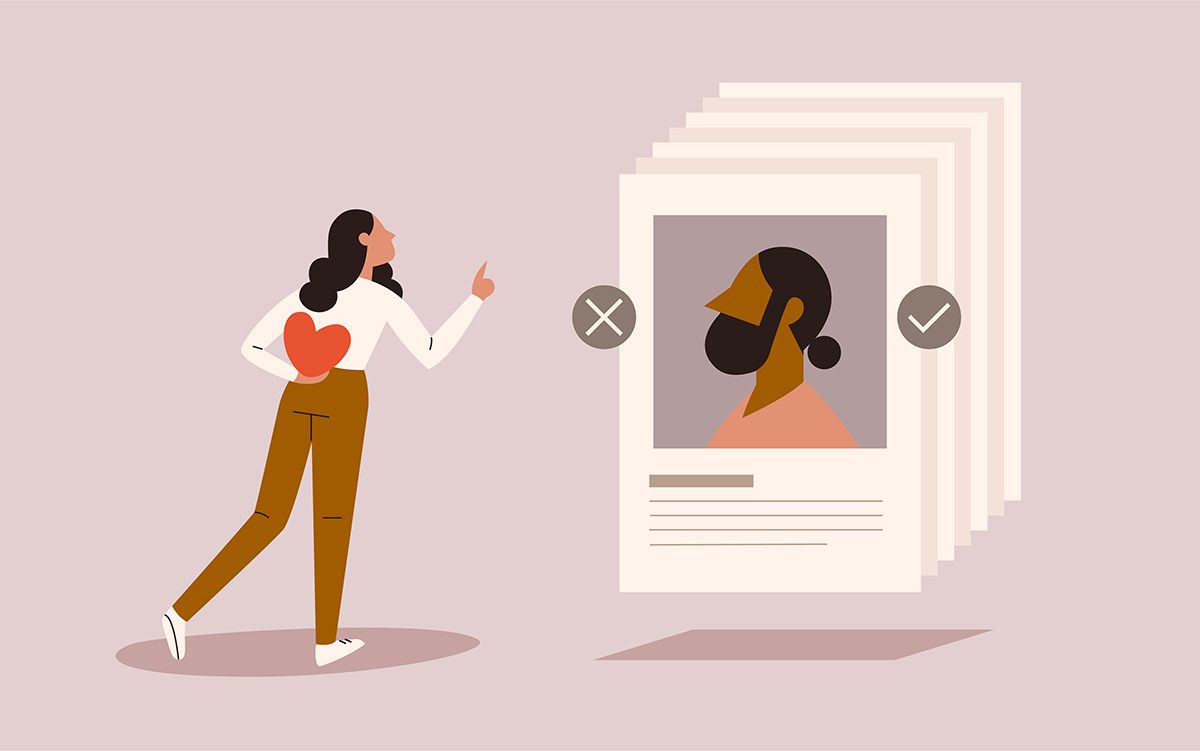 An illustration of a woman swiping through online dating profiles