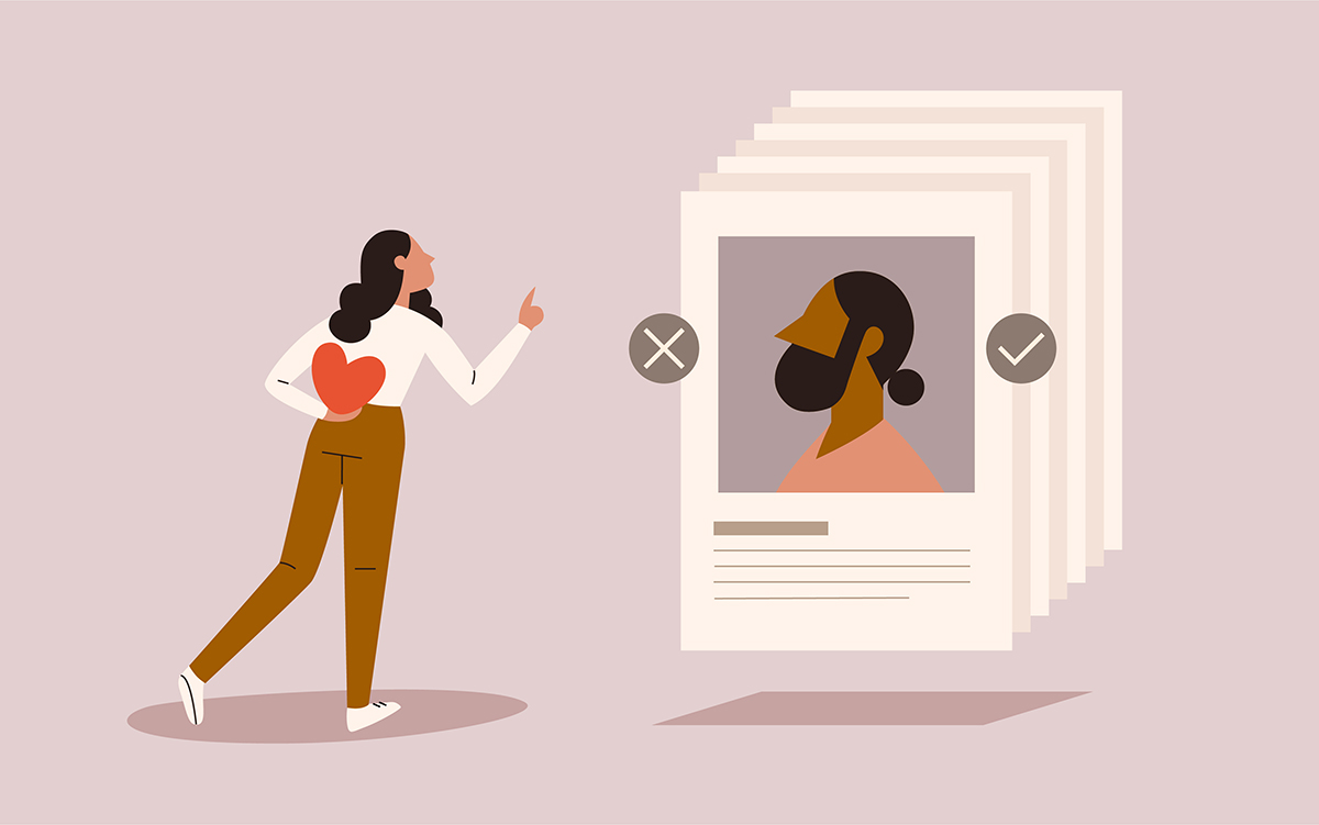 An illustration of a woman swiping through online dating profiles