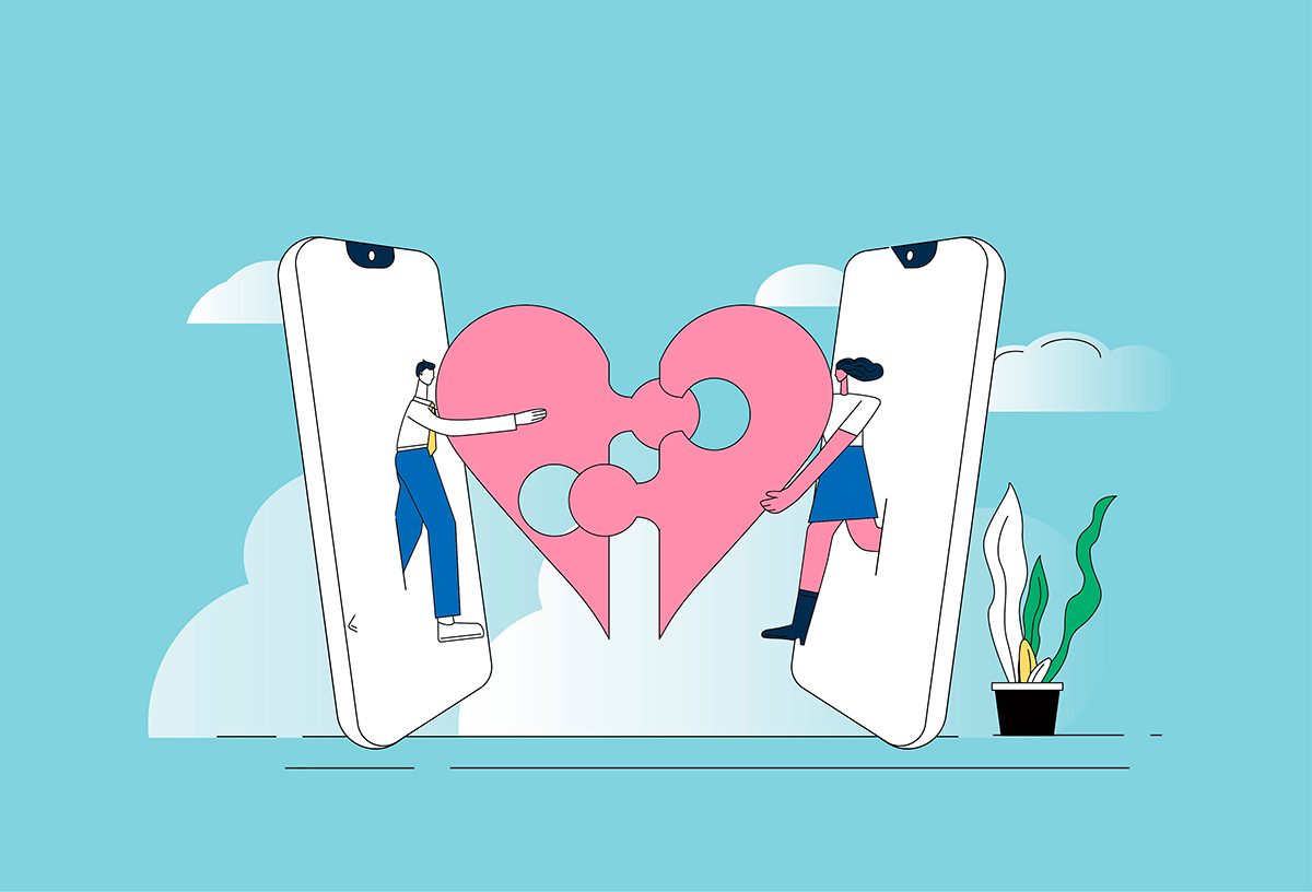 A stock illustration of a man and woman emerging from a mobile phone, each holding half of a heart-shaped jigsaw piece