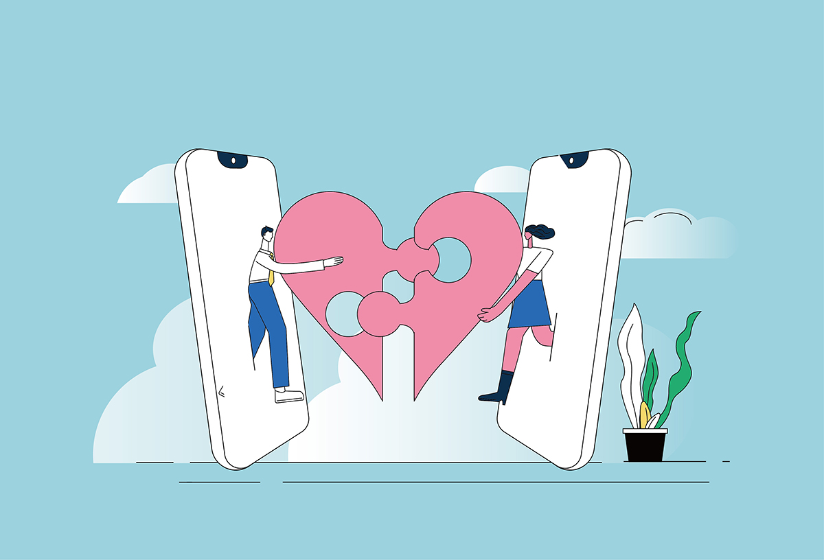 A stock illustration of a man and woman emerging from a mobile phone, each holding half of a heart-shaped jigsaw piece
