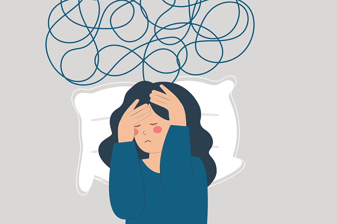 An illustration of a woman lying in bed with squiggles above her head to represent tangled thoughts.