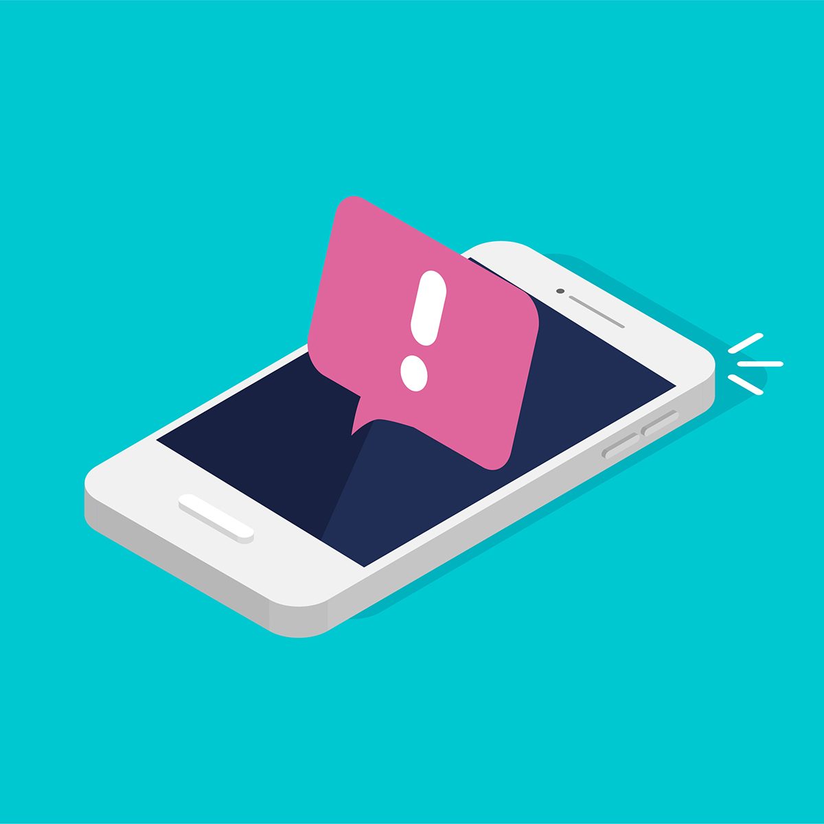 A cartoon-style image of a smartphone with a pink notification bubble featuring an exclamation mark set against a turquoise background.