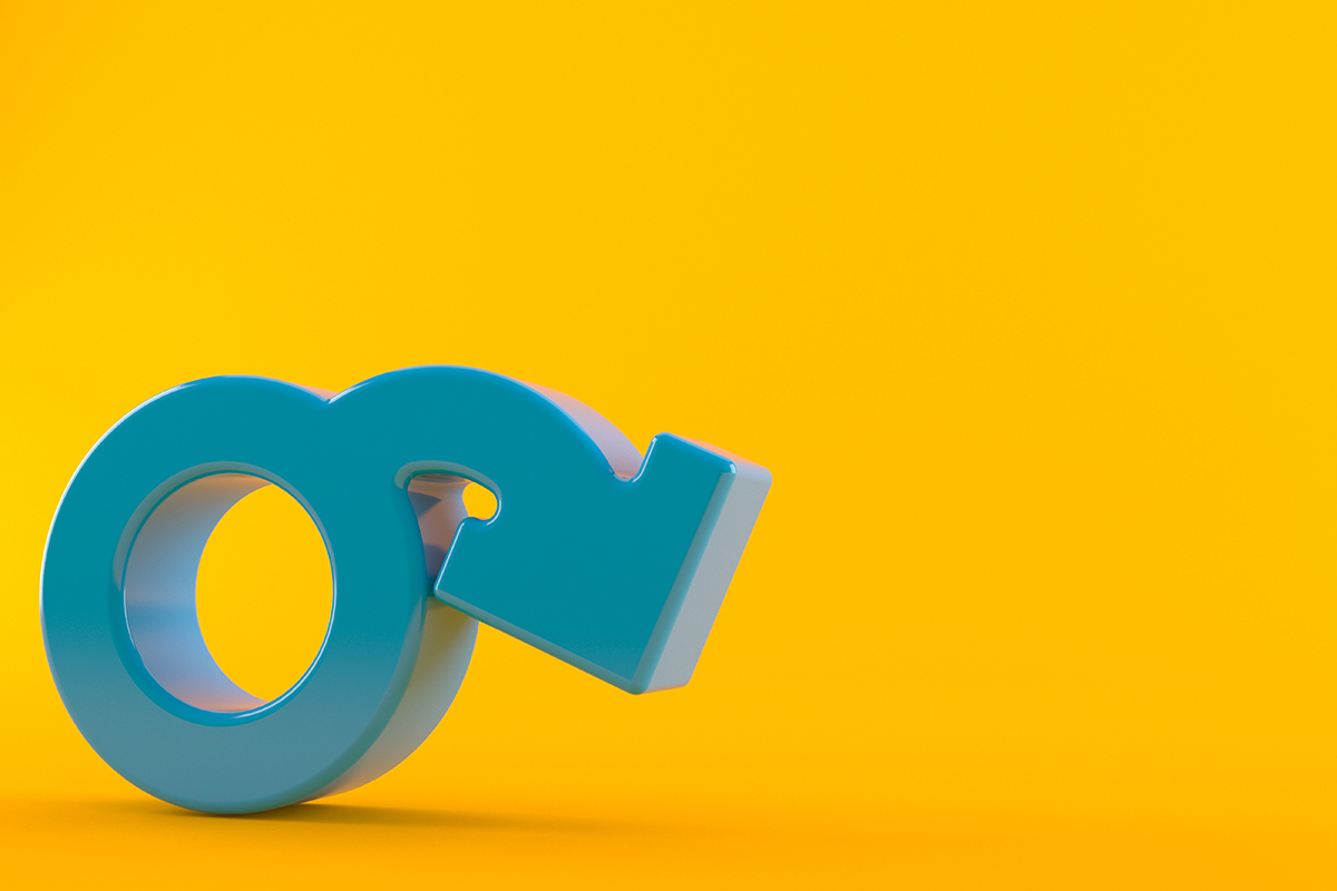 A male gender symbol with a curved arrow on a yellow background