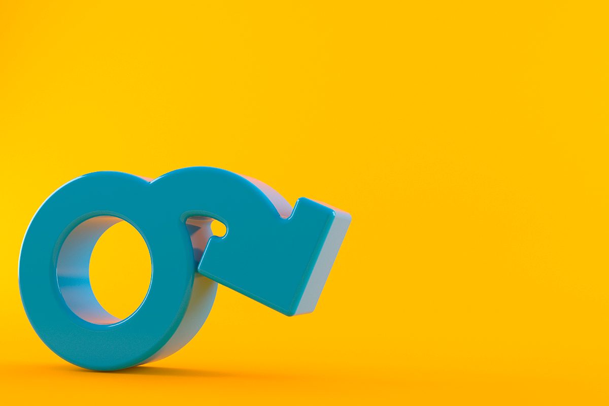 A male gender symbol with a curved arrow on a yellow background