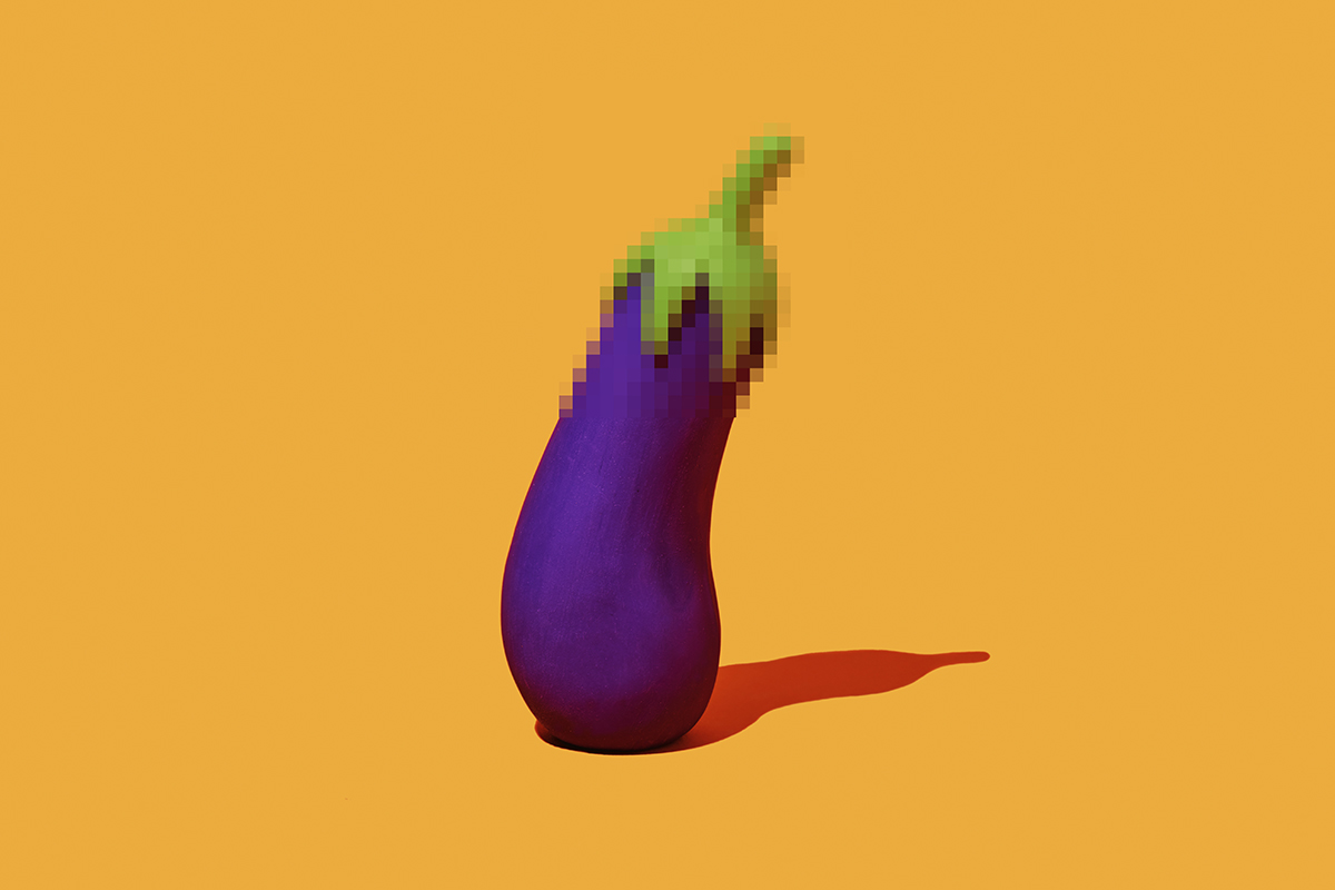 A pixelated eggplant on a yellow background