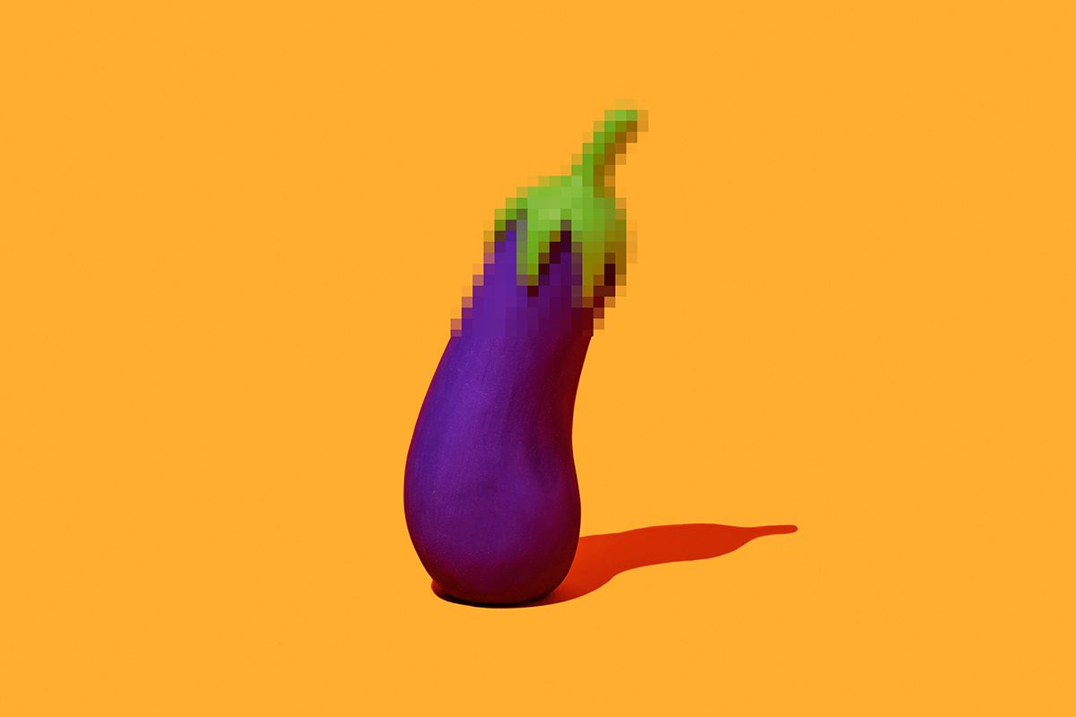A pixelated eggplant on a yellow background