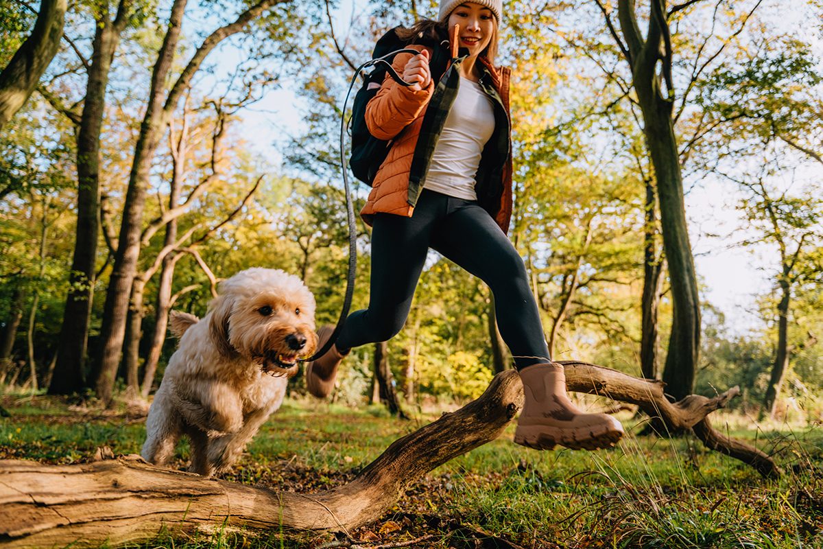 Woman and dog jump over a branch in a woodland setting