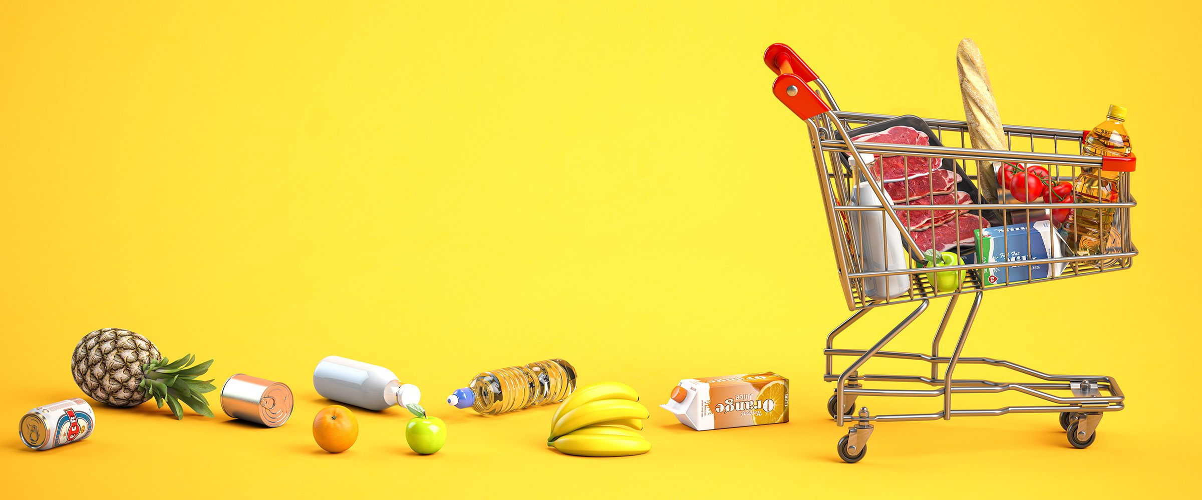 Grocery shopping cart with food with dropped products. Inflation , growth of market basket or consumer price index concept. 3d illustration