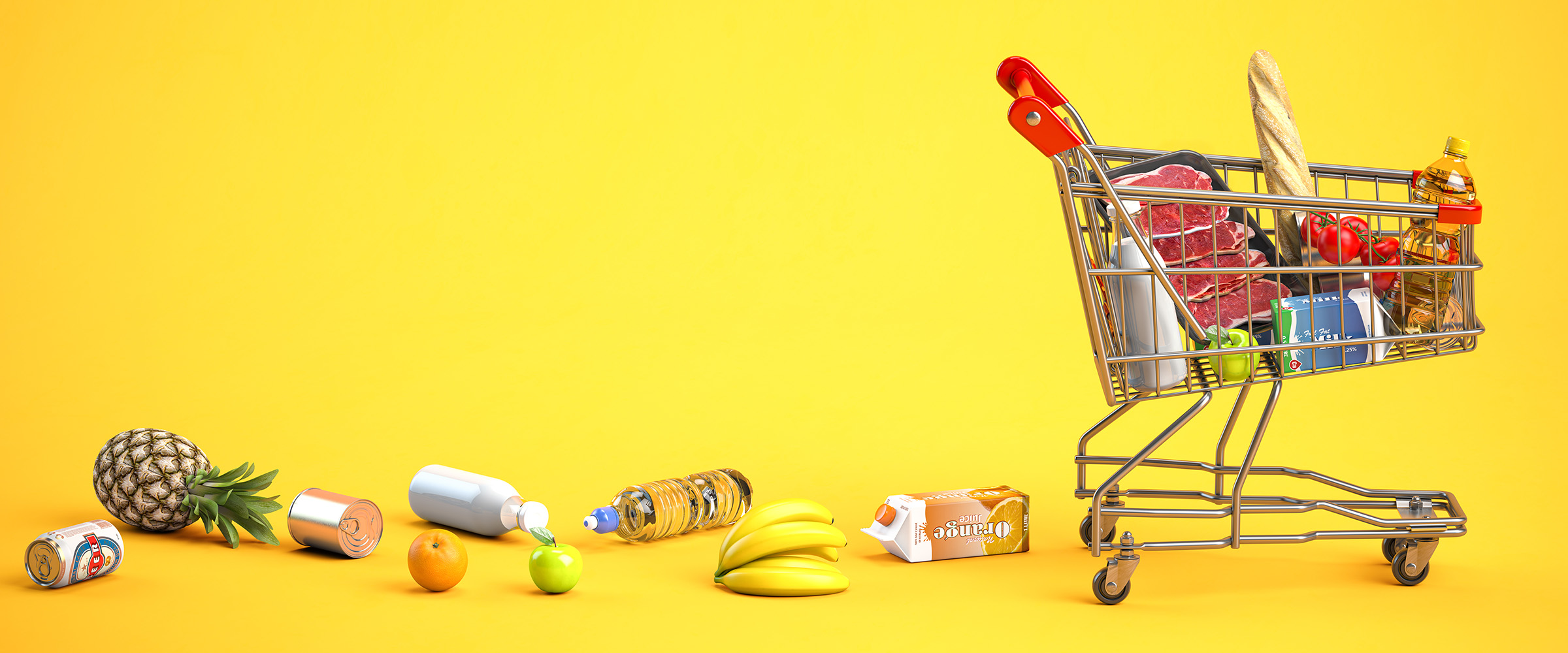 Grocery shopping cart with food with dropped products. Inflation , growth of market basket or consumer price index concept. 3d illustration