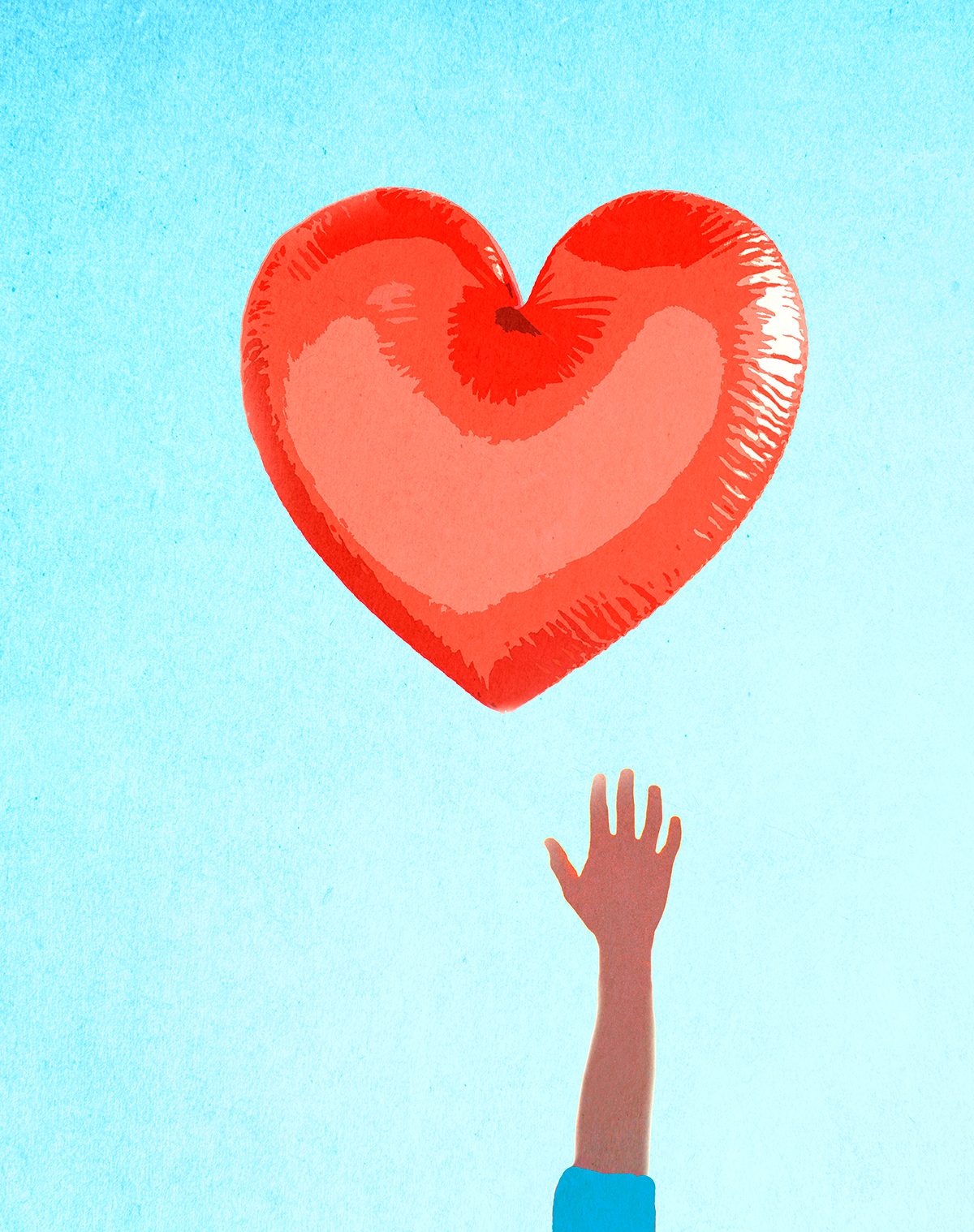 An illustration of a hand reaching for a red heart-shaped balloon