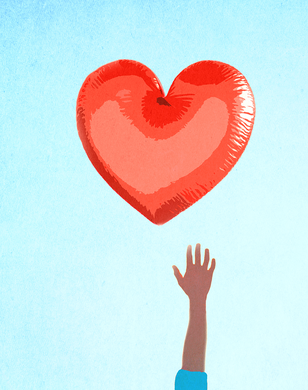 An illustration of a hand reaching for a red heart-shaped balloon