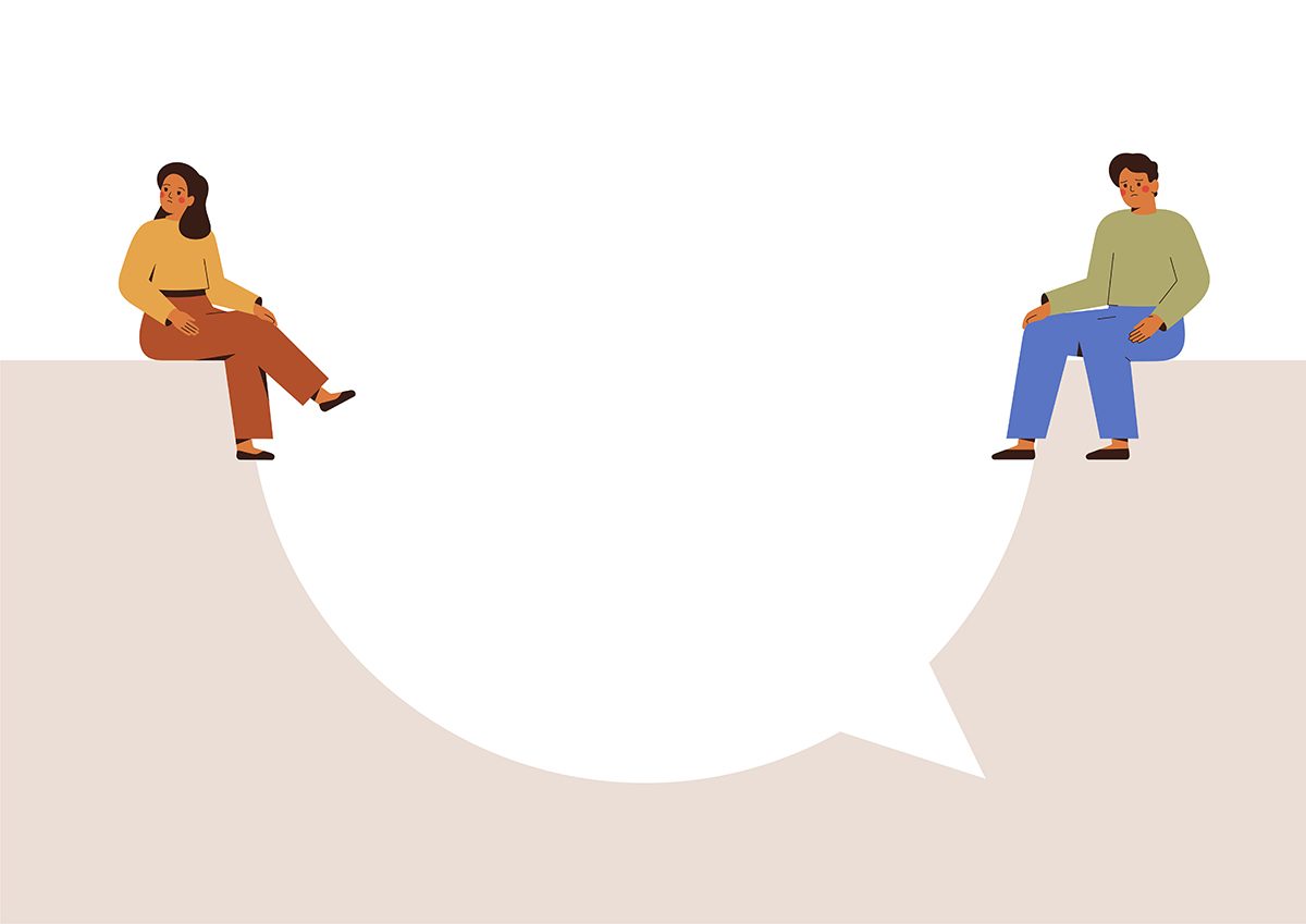 An illustration of a man and woman sitting on different sides of a speech bubble, suggesting a breakdown of communication
