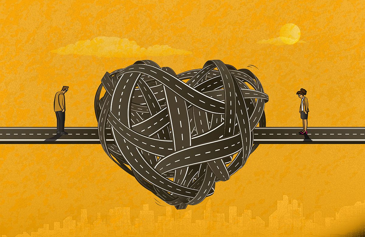 An illustration of a man and a woman standing either side of a large tangled knot in the shape of a heart
