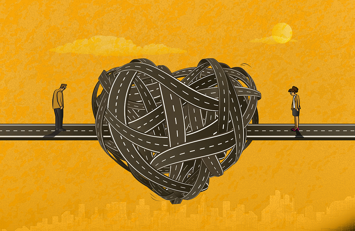 An illustration of a man and a woman standing either side of a large tangled knot in the shape of a heart