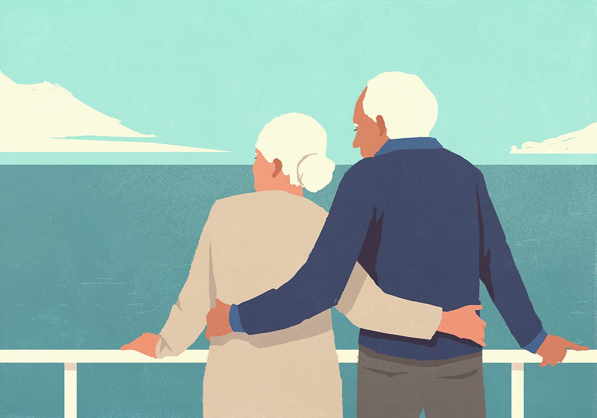 An illustration of an elderly couple embracing and looking out to sea