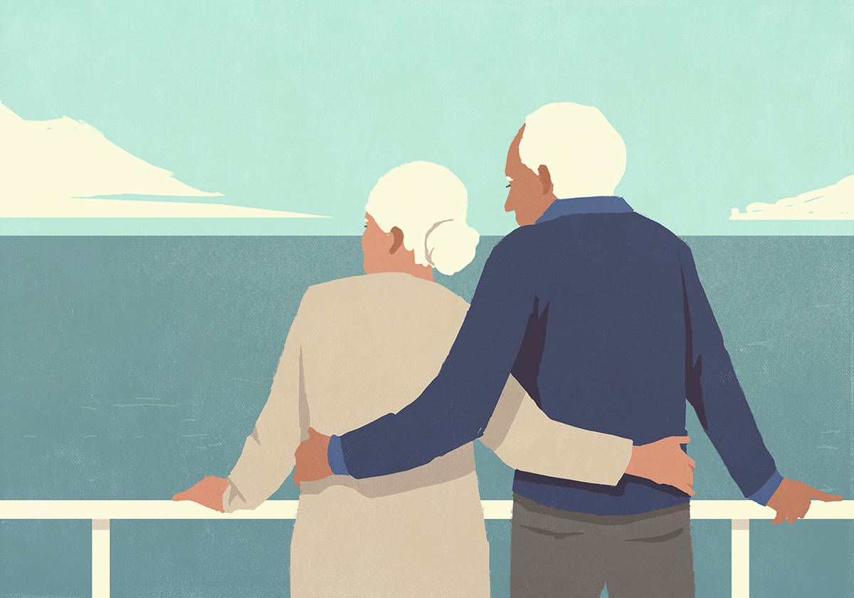 An illustration of an elderly couple embracing and looking out to sea