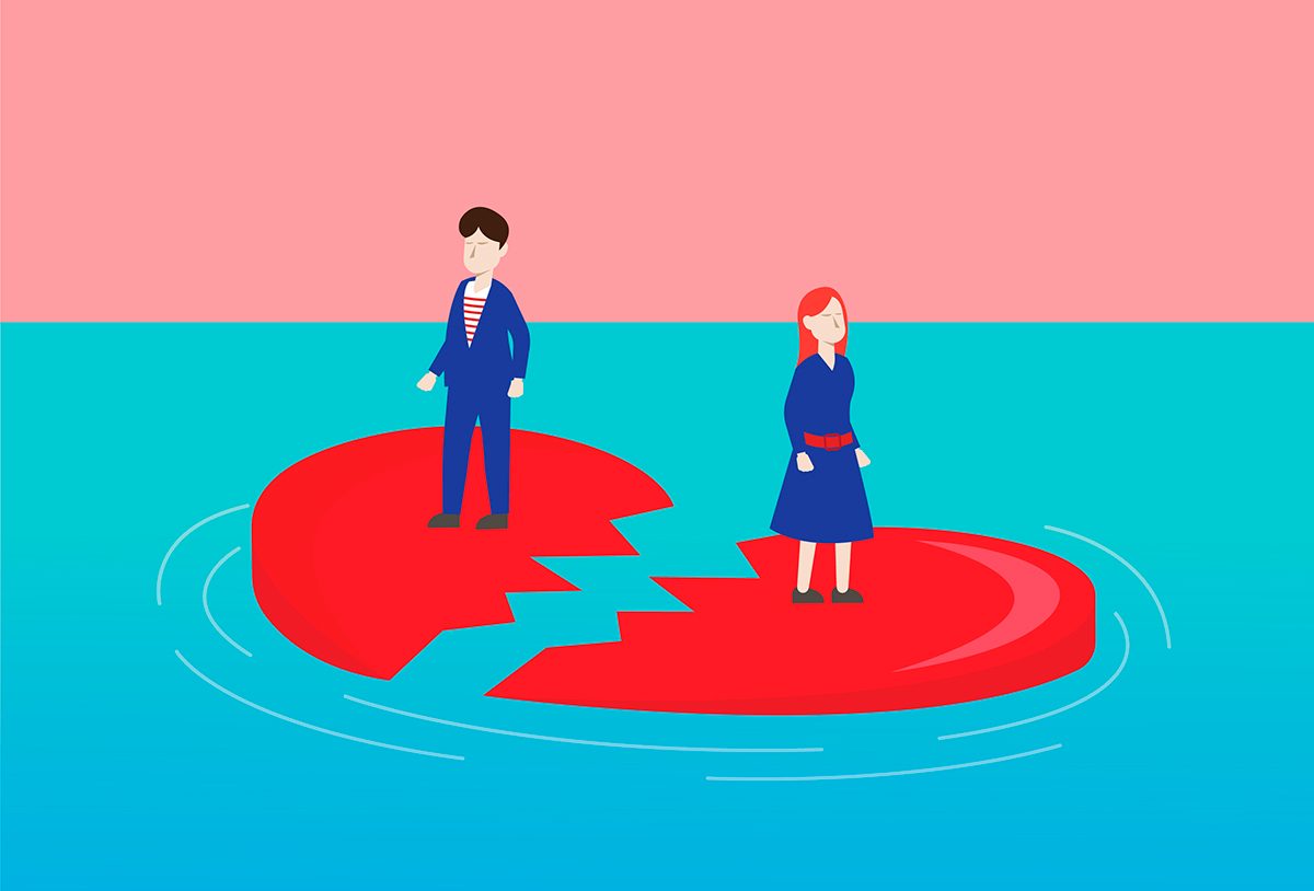 An illustration of a man and a woman standing on different halves of a broken heart, floating on water
