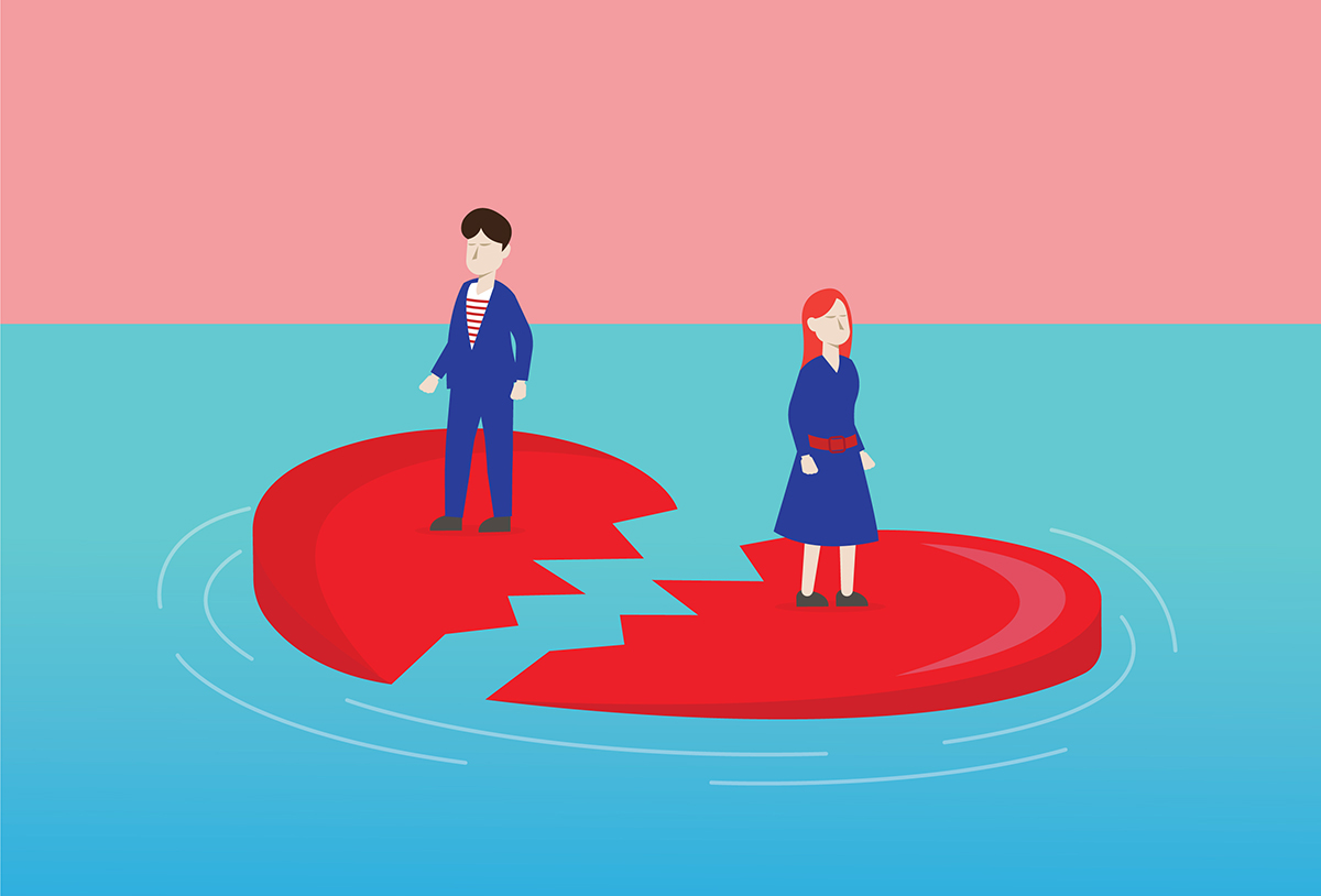 An illustration of a man and a woman standing on different halves of a broken heart, floating on water