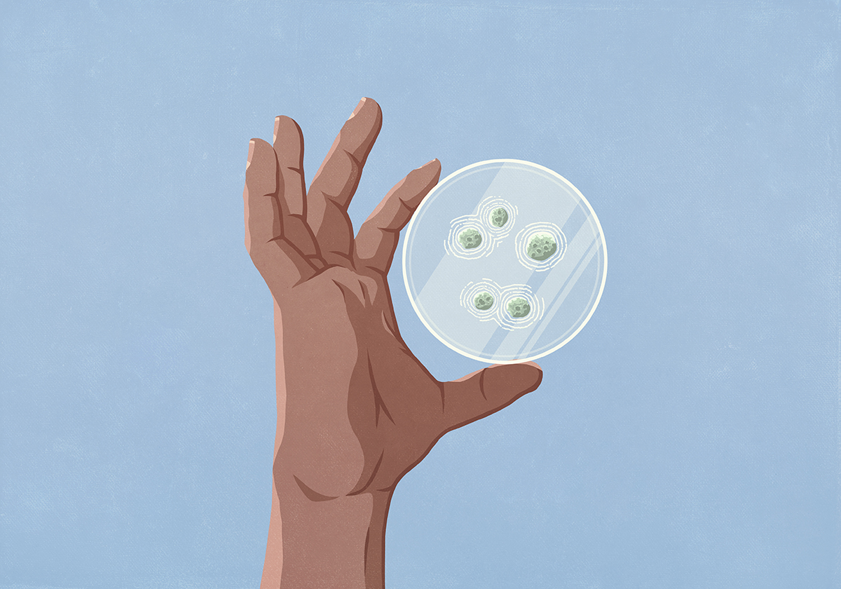 An illustration of a handing holding a petri dish with bacteria against a blue background