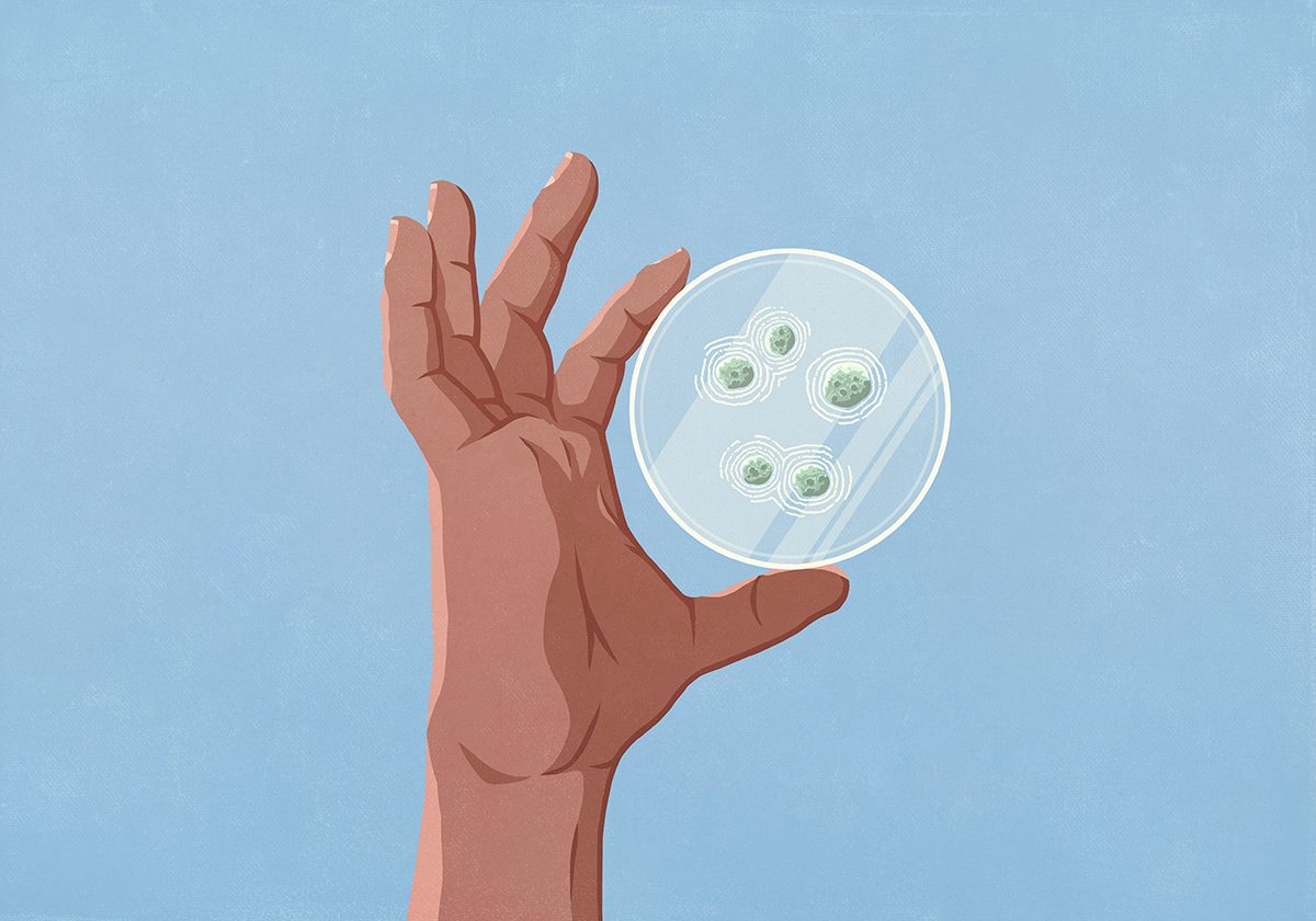 An illustration of a handing holding a petri dish with bacteria against a blue background