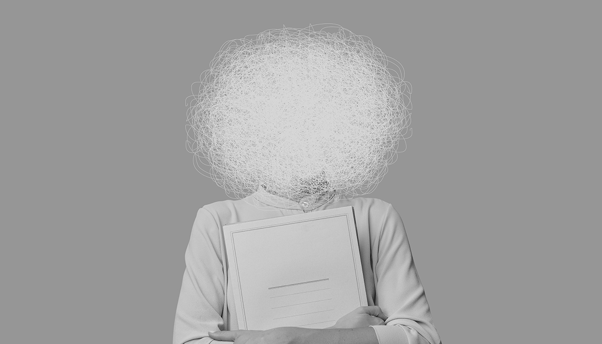 A black and white image of a person with a mass of tangled squiggly lines replacing their face