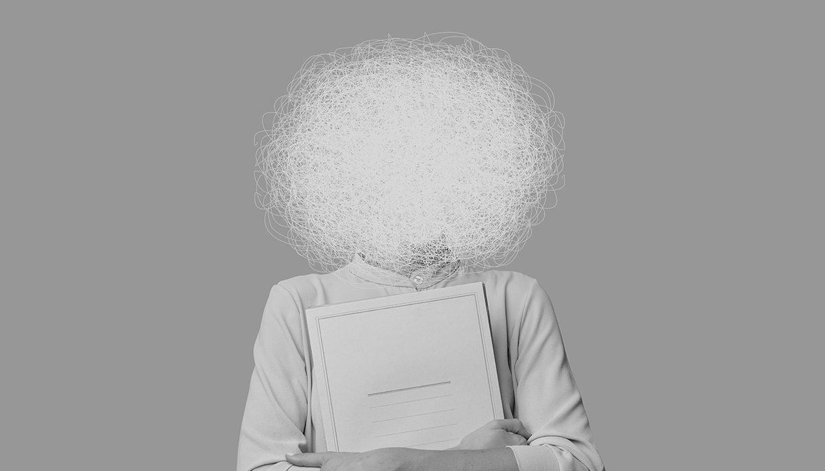A black and white image of a person with a mass of tangled squiggly lines replacing their face