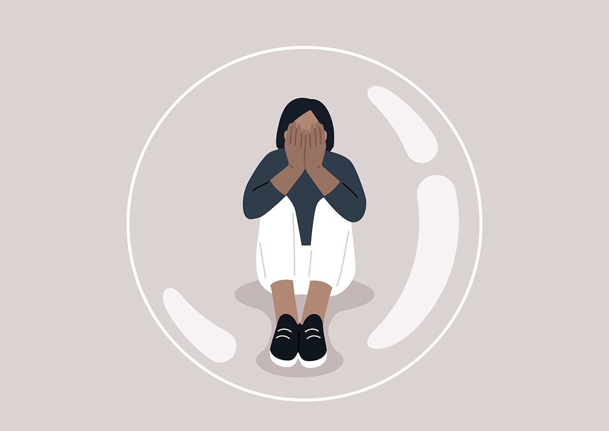 An illustration of a woman sitting with her head in her hands inside a bubble