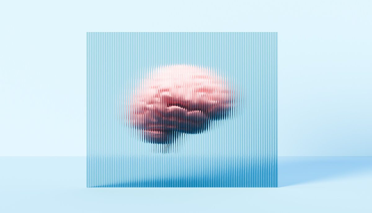 A human brain against a blue background is behind a square of reeded glass