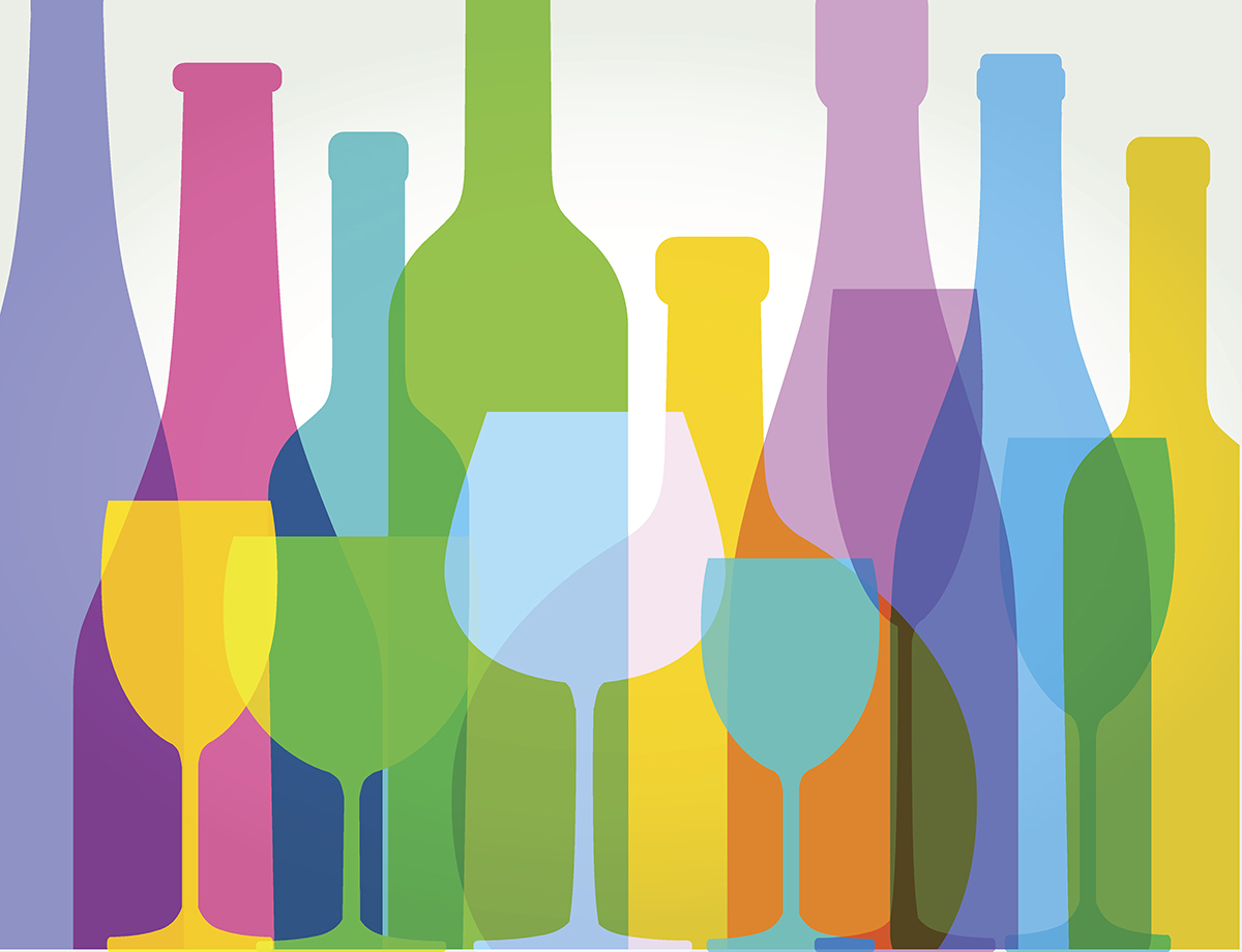 An illustration of colourful, overlapping wine bottles and wine glasses, which are all different shapes and sizes.
