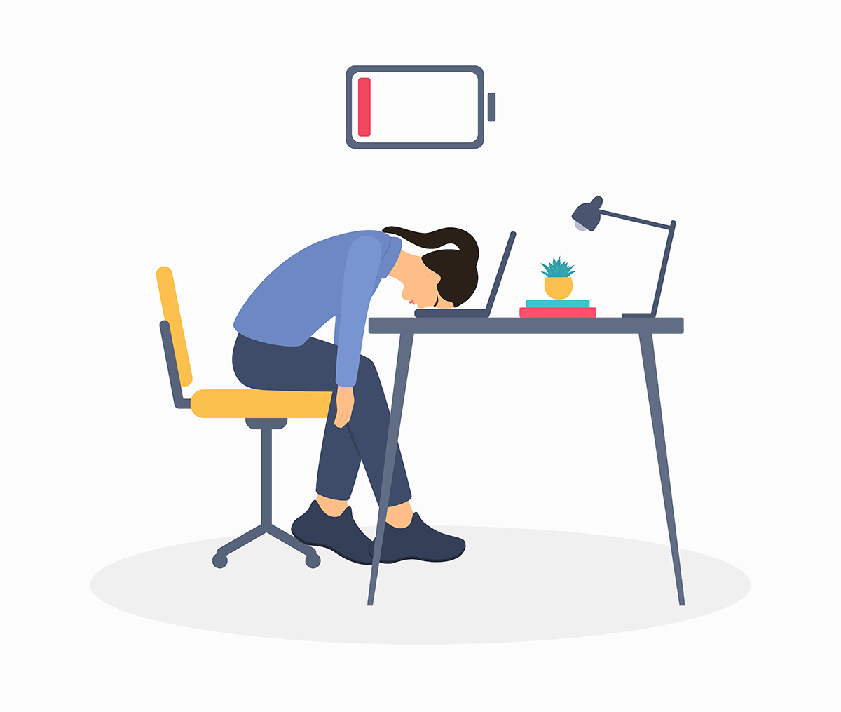 Illustration of an exhausted woman sitting at a desk with her head on her laptop.
