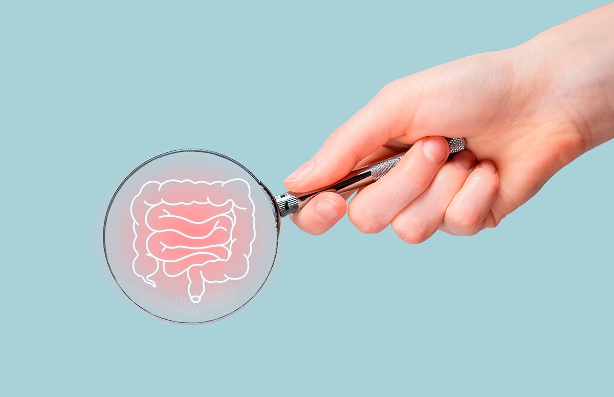 A hand holds a magnifying glass over an illustration of the intestines