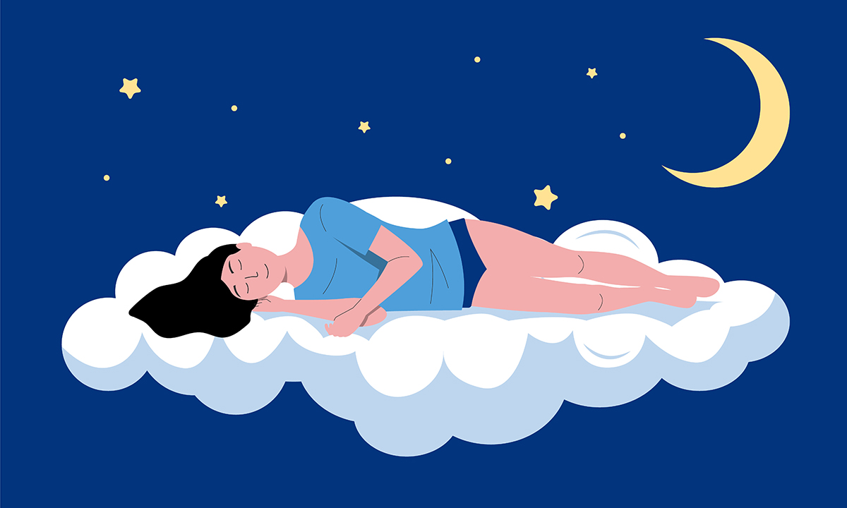 An illustration of a woman sleeping on a cloud