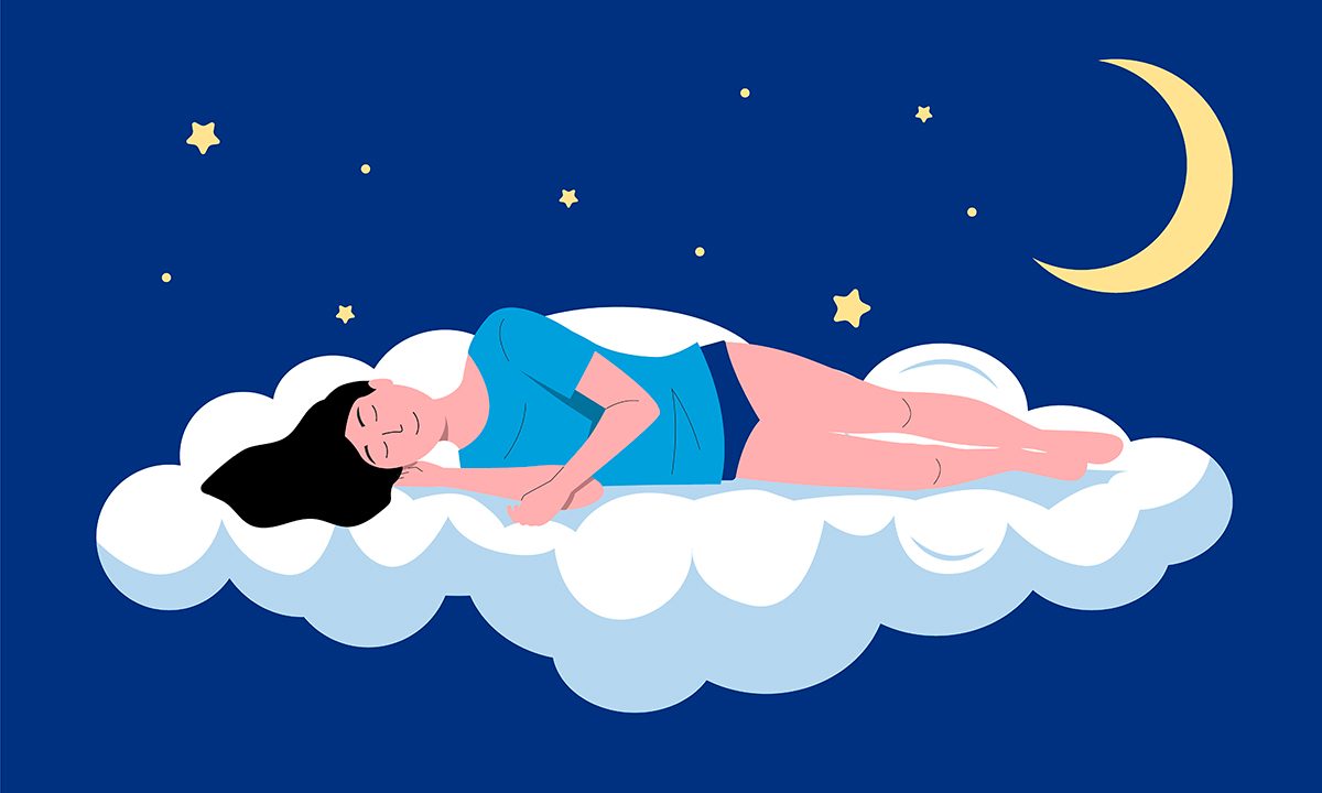 An illustration of a woman sleeping on a cloud