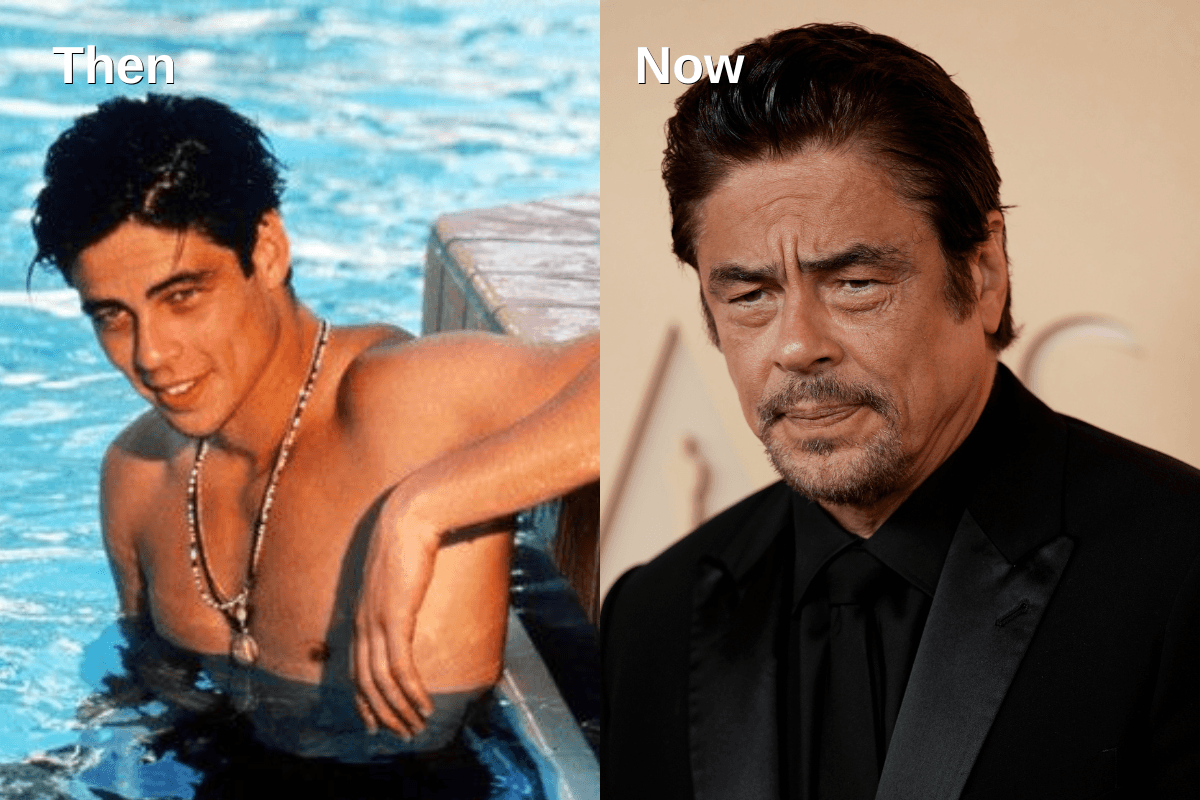 A side-by-side comparison of a young Benicio del Toro and him today