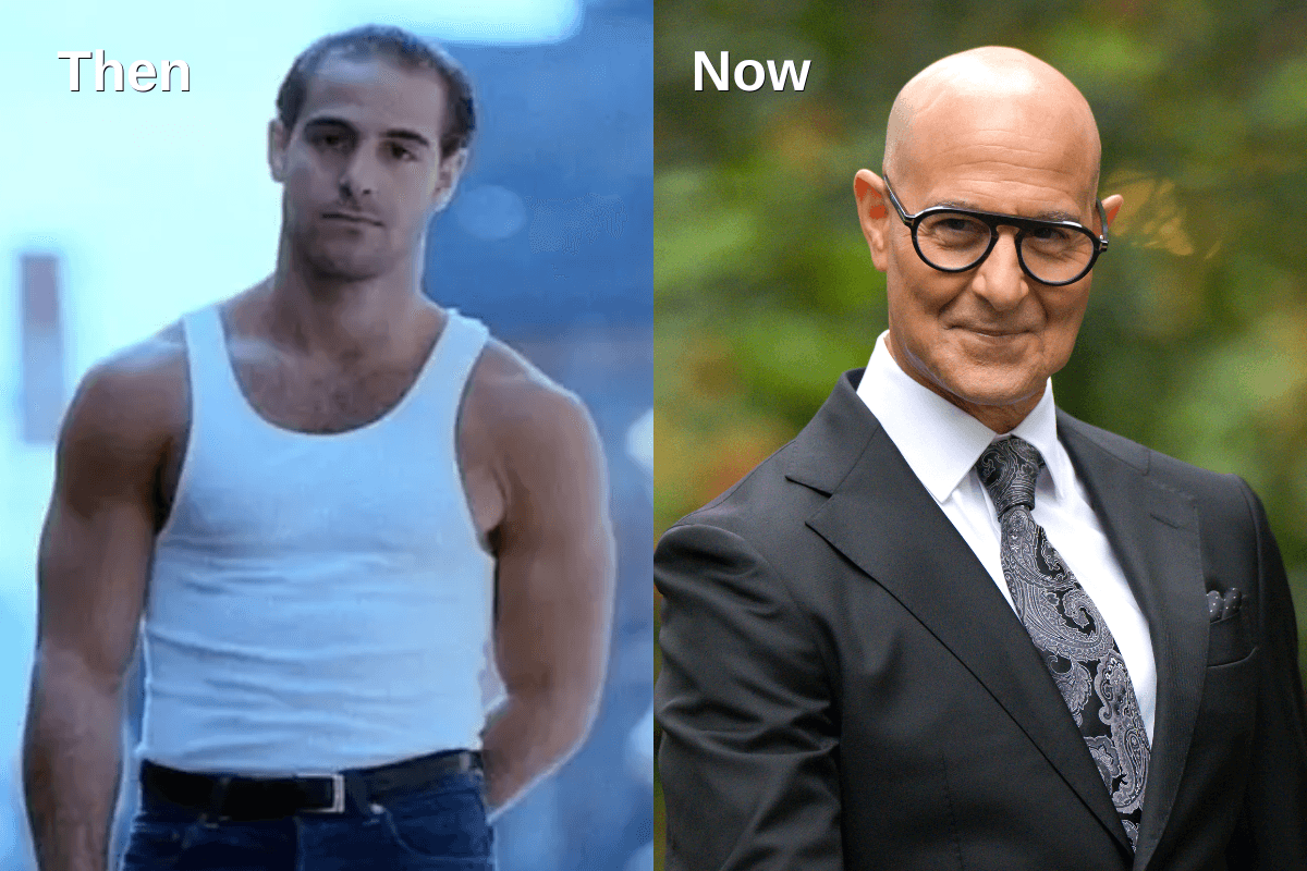 A side-by-side comparison of Stanley Tucci in his youth and today