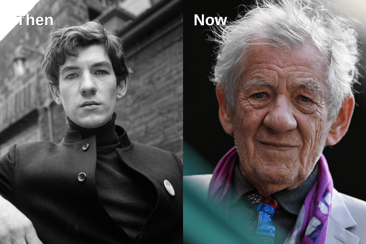A side-by-side comparison of Ian McKellen in his youth and today