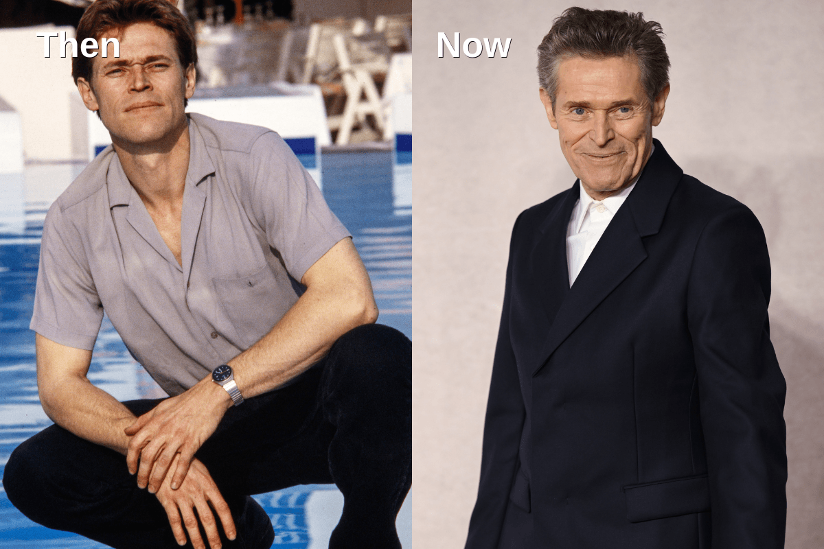 A side-by-side comparison of a younger Willem Dafoe and him today