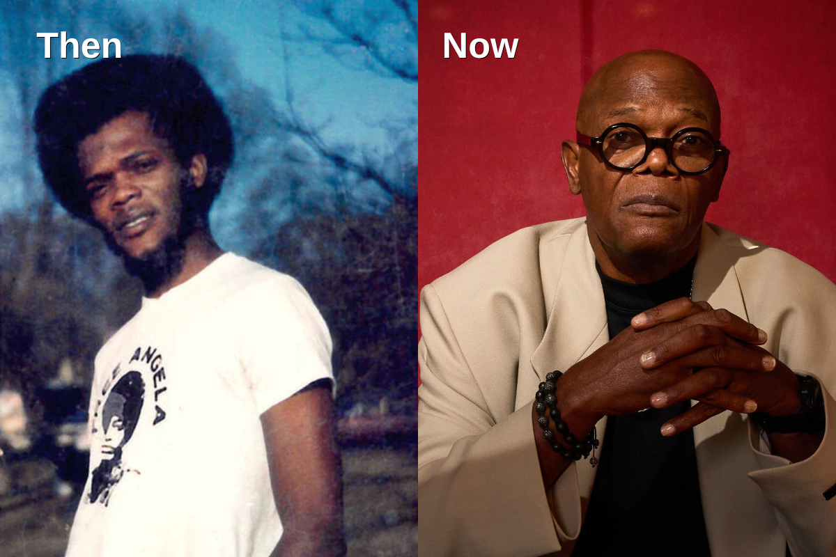 A side-by-side comparison of Samuel L. Jackson in his youth and today