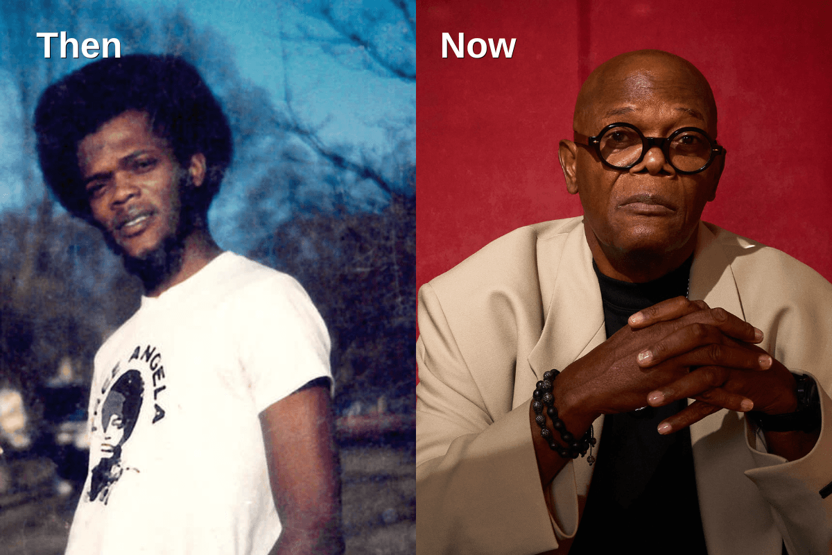 A side-by-side comparison of Samuel L. Jackson in his youth and today