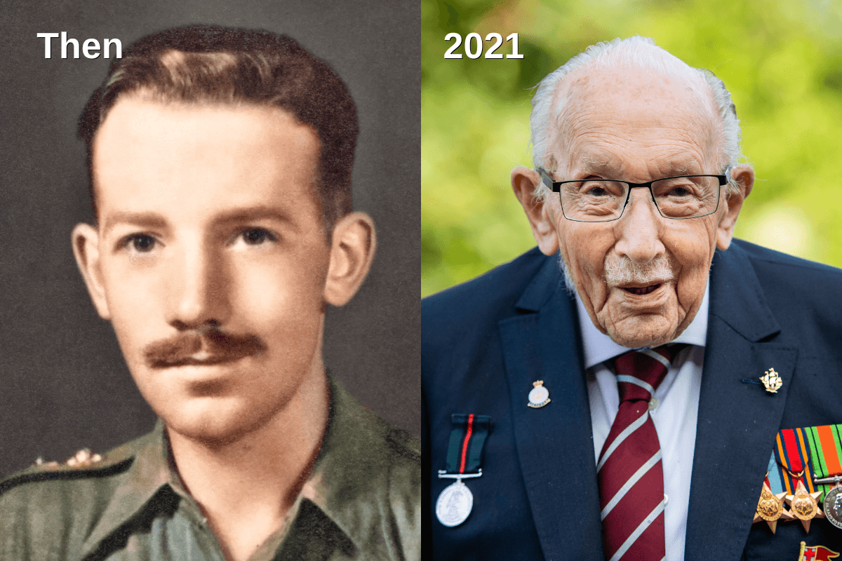 A side-by-side comparison of Captain Tom Moore in his youth and 2021
