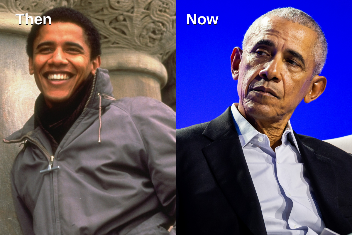 A side-by-side comparison of Barack Obama in his youth and today