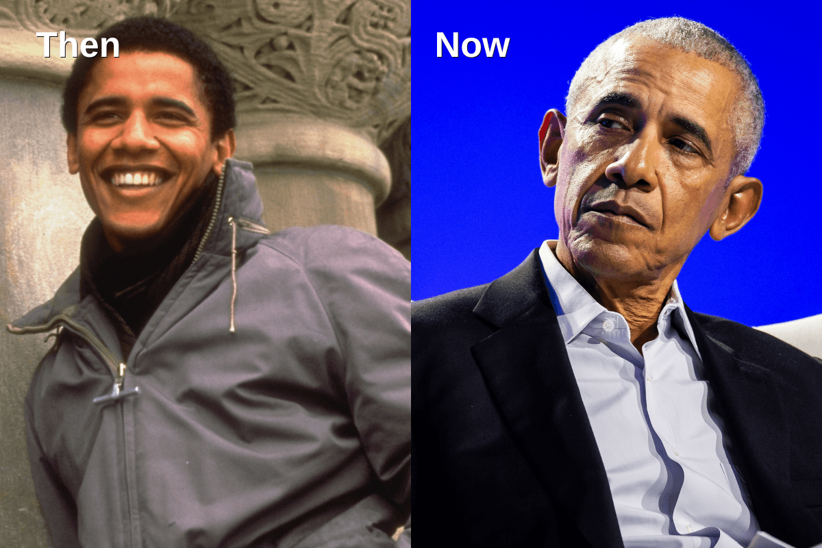 A side-by-side comparison of Barack Obama in his youth and today