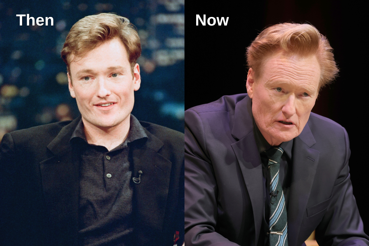 A side-by-side comparison of a younger Conan O’Brien and him today