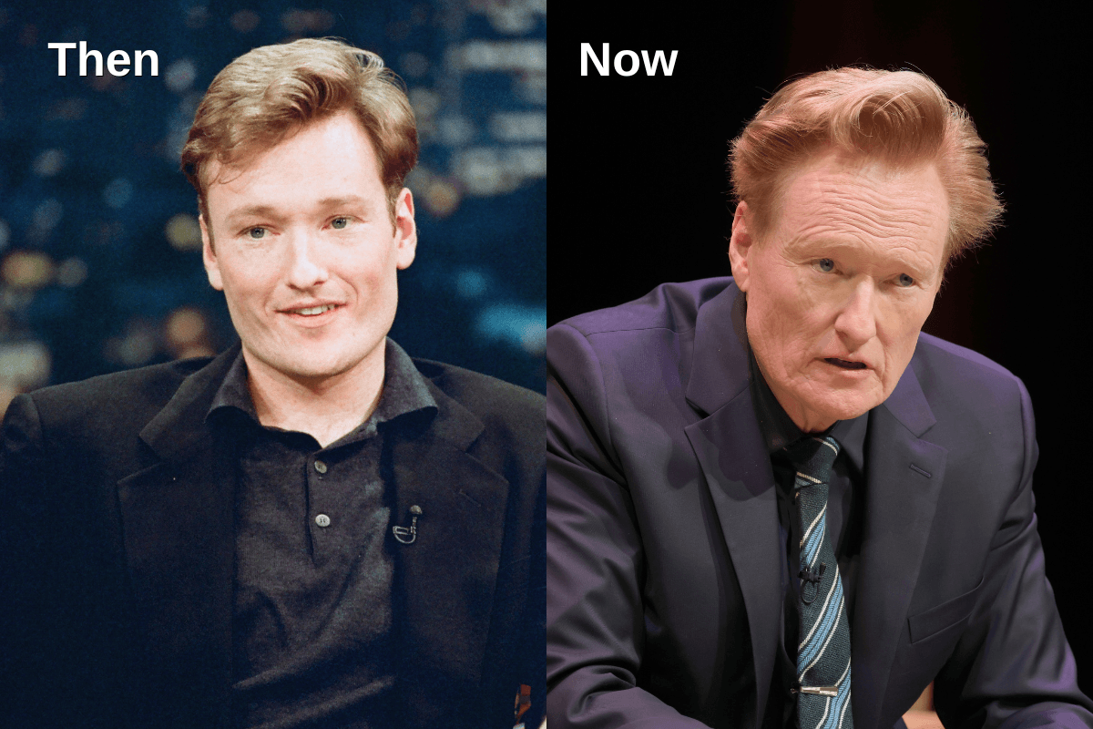 A side-by-side comparison of a younger Conan O’Brien and him today